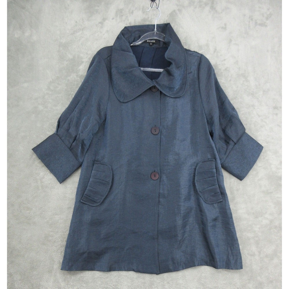 DAMEE Jacket Womens Size S Shimmer Boxy Relaxed Lagenlook Artsy Pockets Blue
